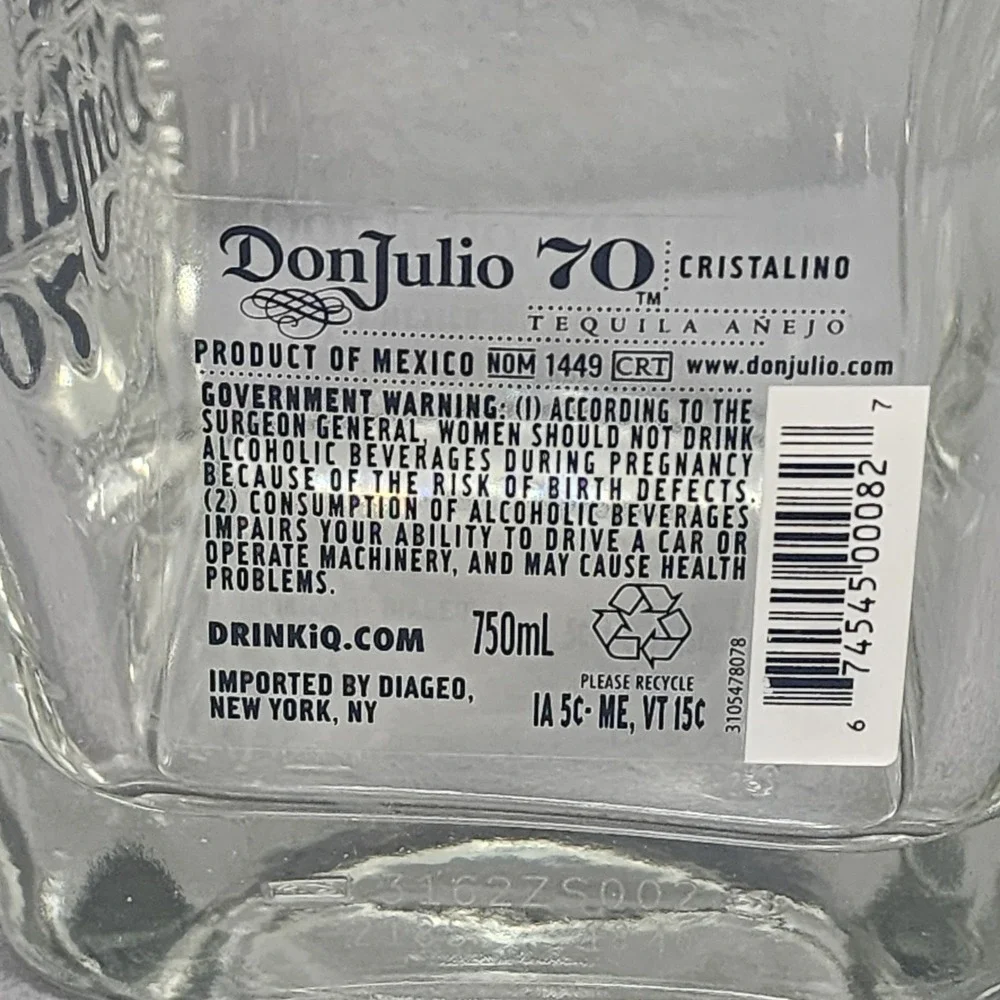 Don Julio 70 Cristalino Tequila Bottle Clear Glass‎ Empty 750mL with Cork 7.5in